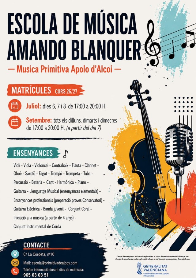 Torna la música: oberta la matrícula de l’Escola de Música Amando Blanquer