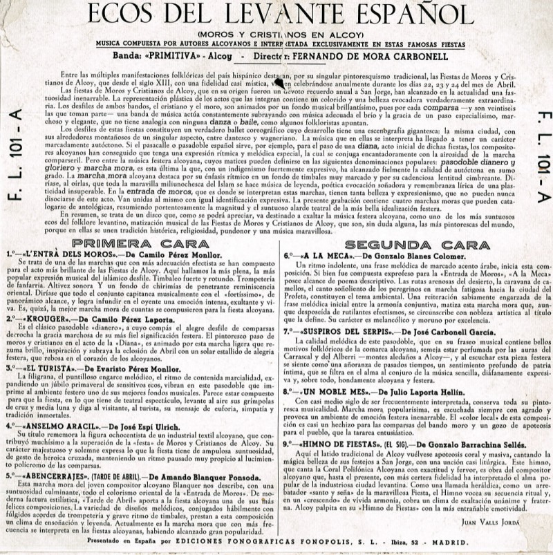 Contraportada original LP. Text: Joan Valls Jordà